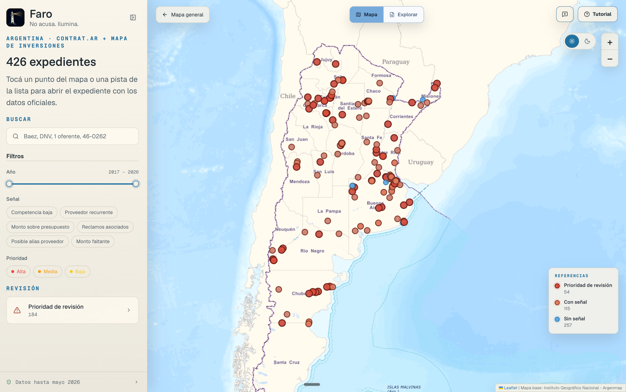 Mapa interactivo de Faro con expedientes y filtros territoriales